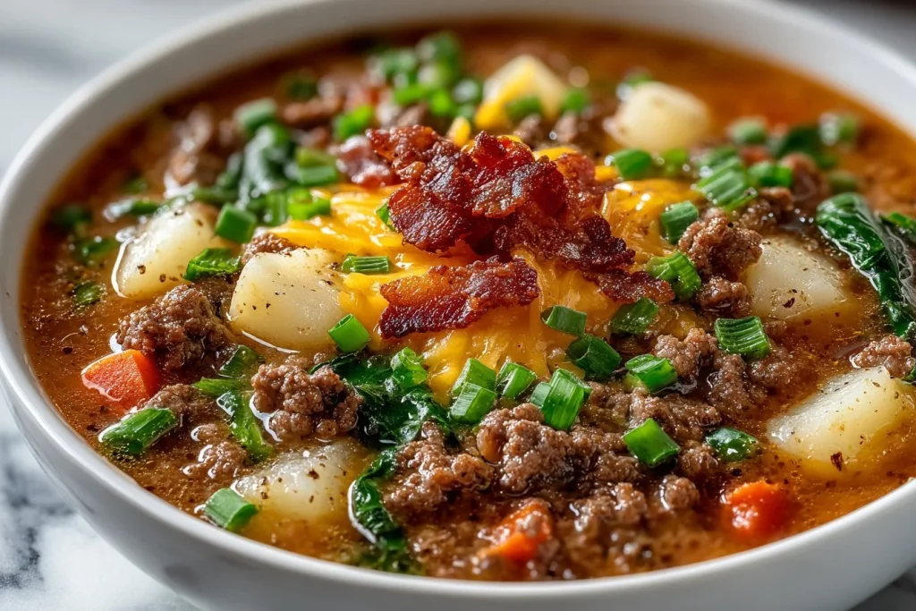Bowl of delicious Crock Pot Cheeseburger Soup topped with cheese and herbs.
