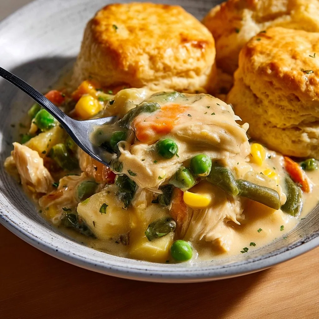 Delicious Crock Pot Chicken Pot Pie served in a rustic bowl with fresh herbs