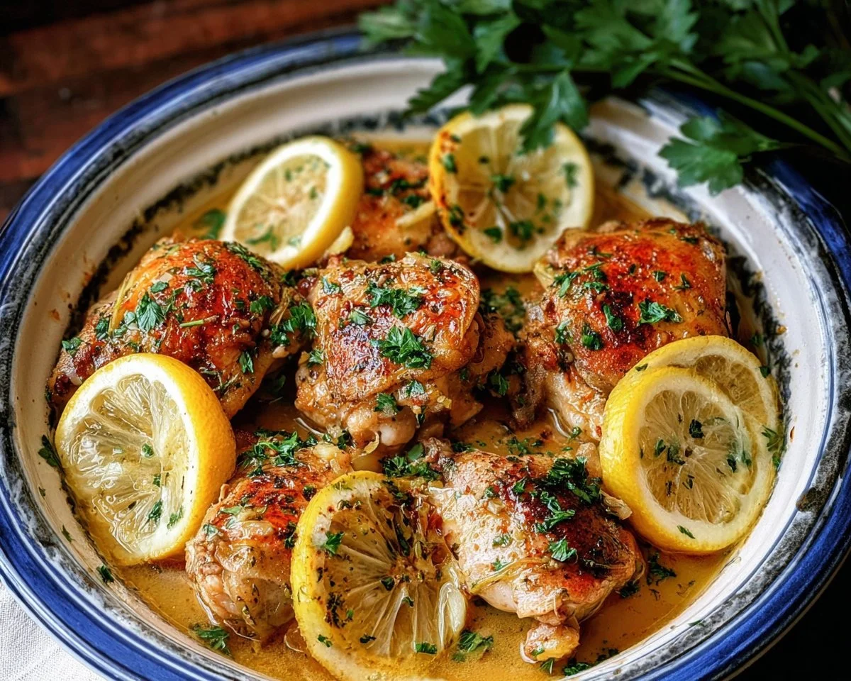 Crock Pot chicken thighs with lemon garlic butter served on a plate