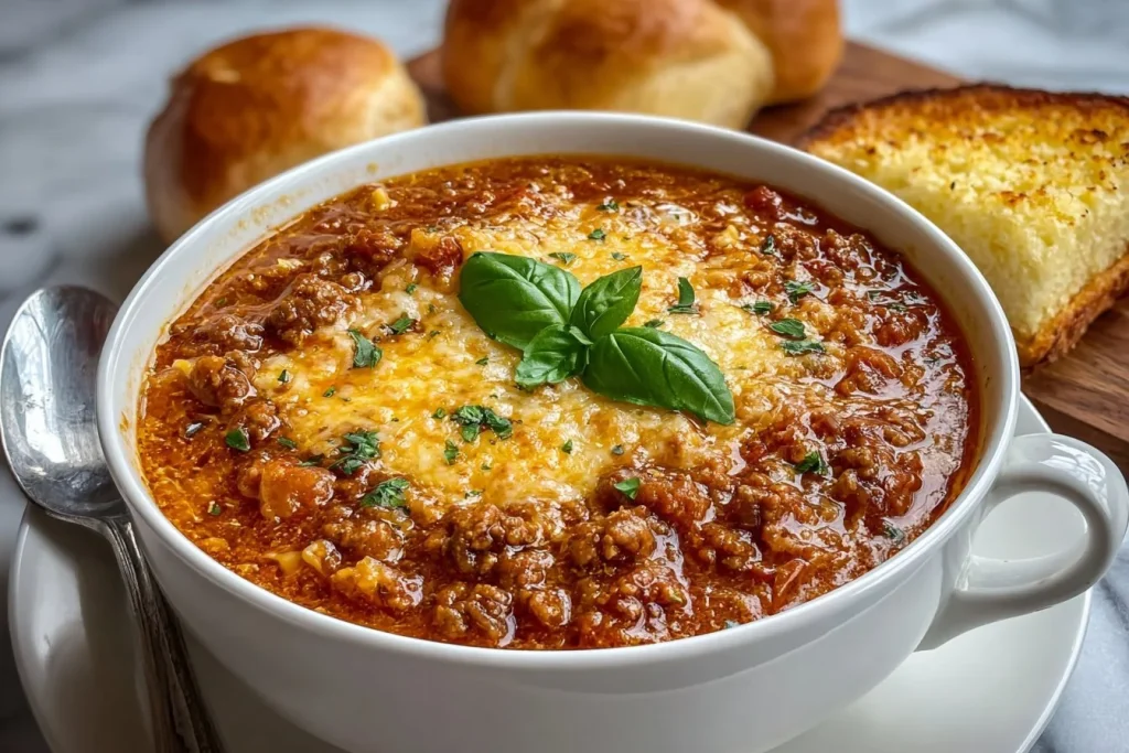 Bowl of delicious Crock Pot Lasagna Soup with cheese and herbs