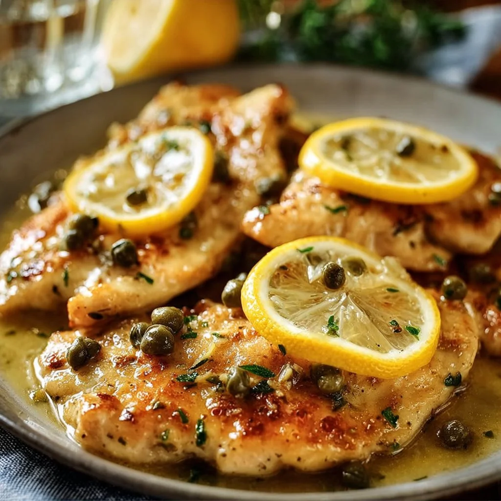 Crock Pot Lemony Chicken Piccata served with herbs and lemon.
