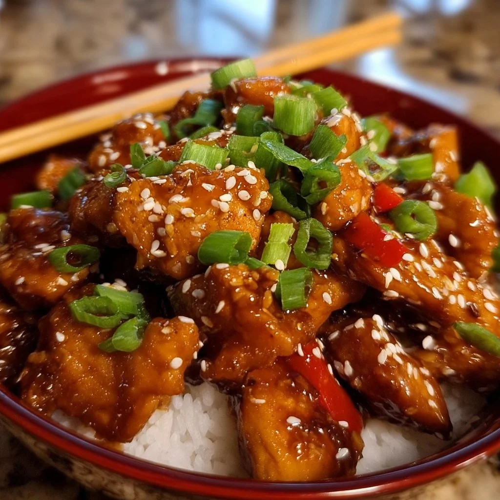 Crock Pot Sesame Chicken dish served with rice and vegetables