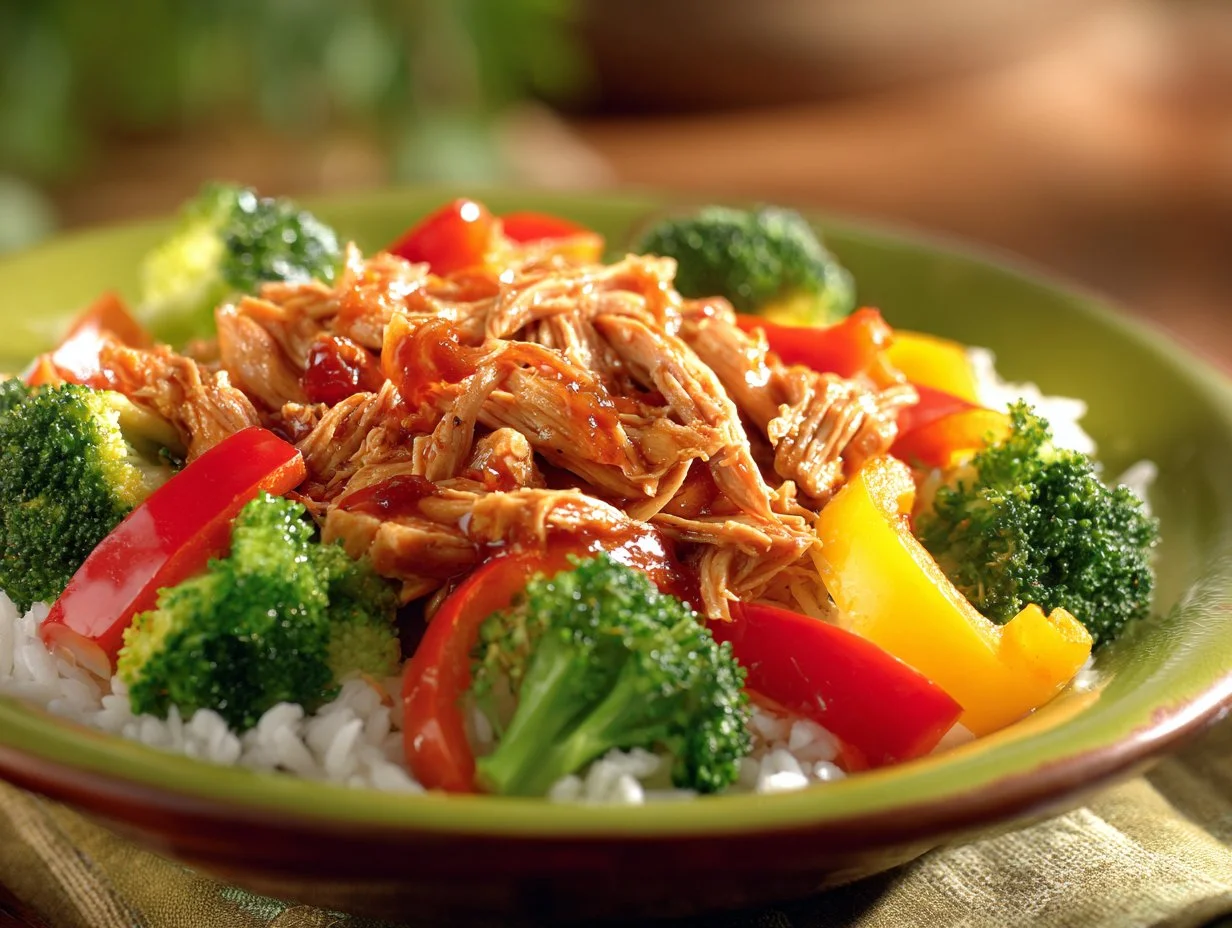 Delicious Crock Pot Teriyaki Chicken served with rice and vegetables