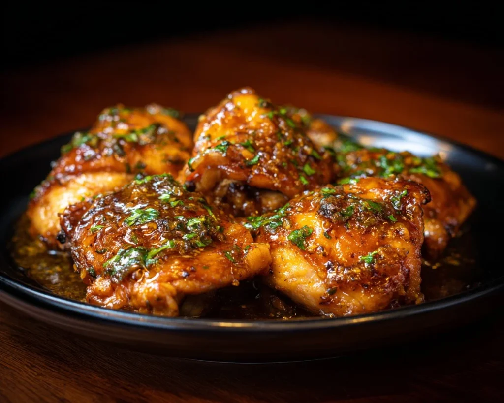 Crockpot brown sugar garlic chicken served on a plate with garnish