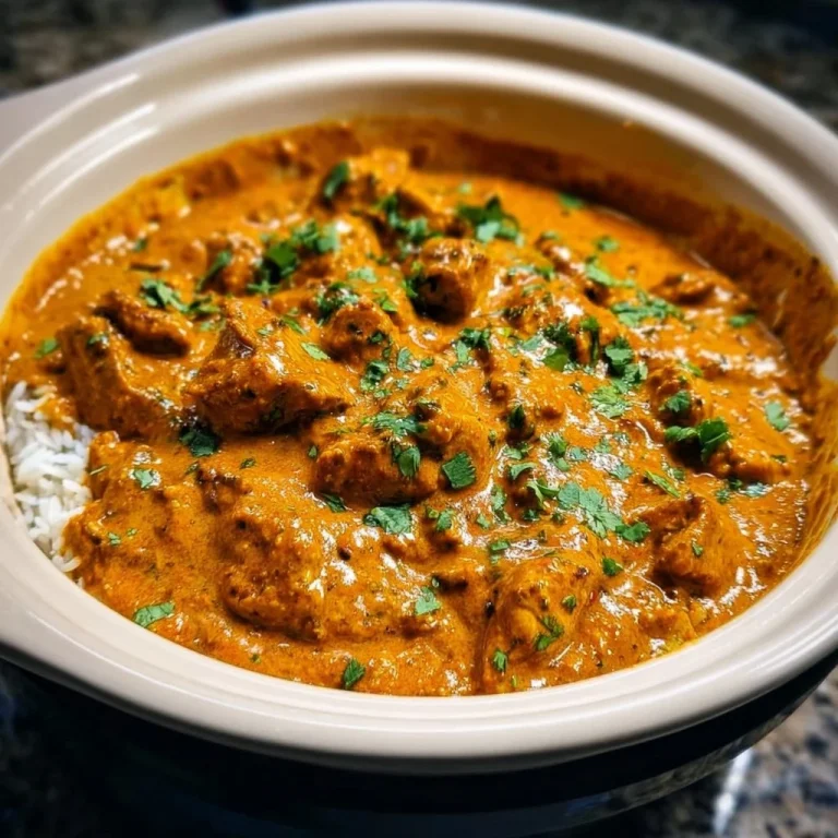 Delicious bowl of Crockpot Butter Chicken garnished with cilantro and served with rice.