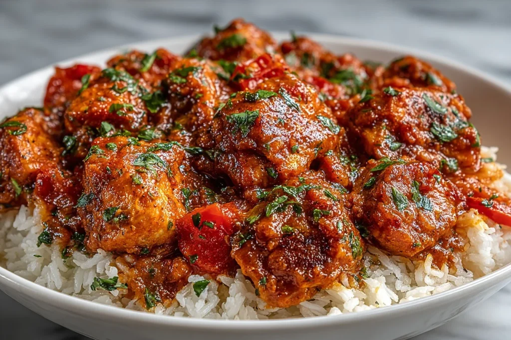 Delicious Crockpot Butter Chicken served with rice and garnished with cilantro.