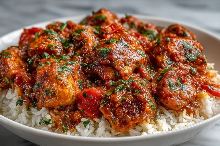 Delicious Crockpot Butter Chicken served with rice and garnished with cilantro.