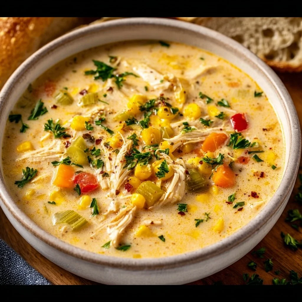 Crockpot chicken corn chowder served in a bowl with fresh herbs