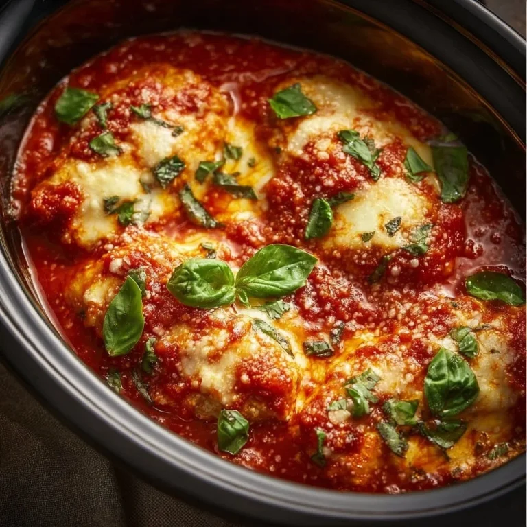 Crockpot Chicken Parmesan dish with melted cheese and herbs