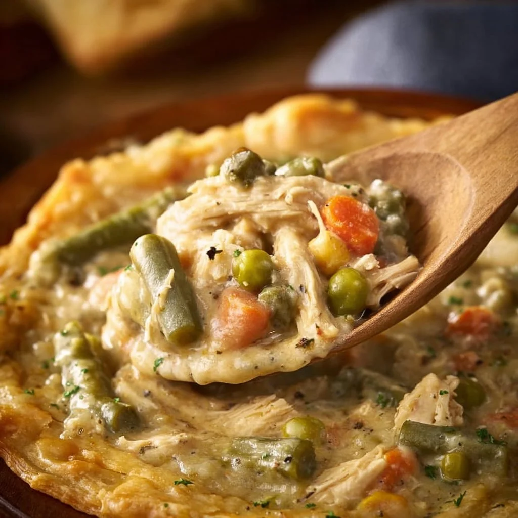 Delicious Crockpot chicken pot pie served with fresh vegetables