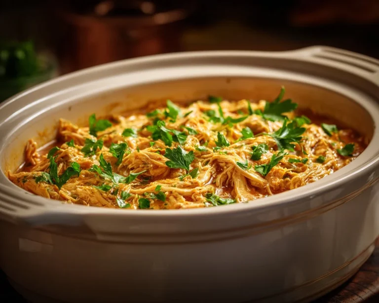 Crockpot Creamy Garlic Chicken served with herbs and a side of vegetables.