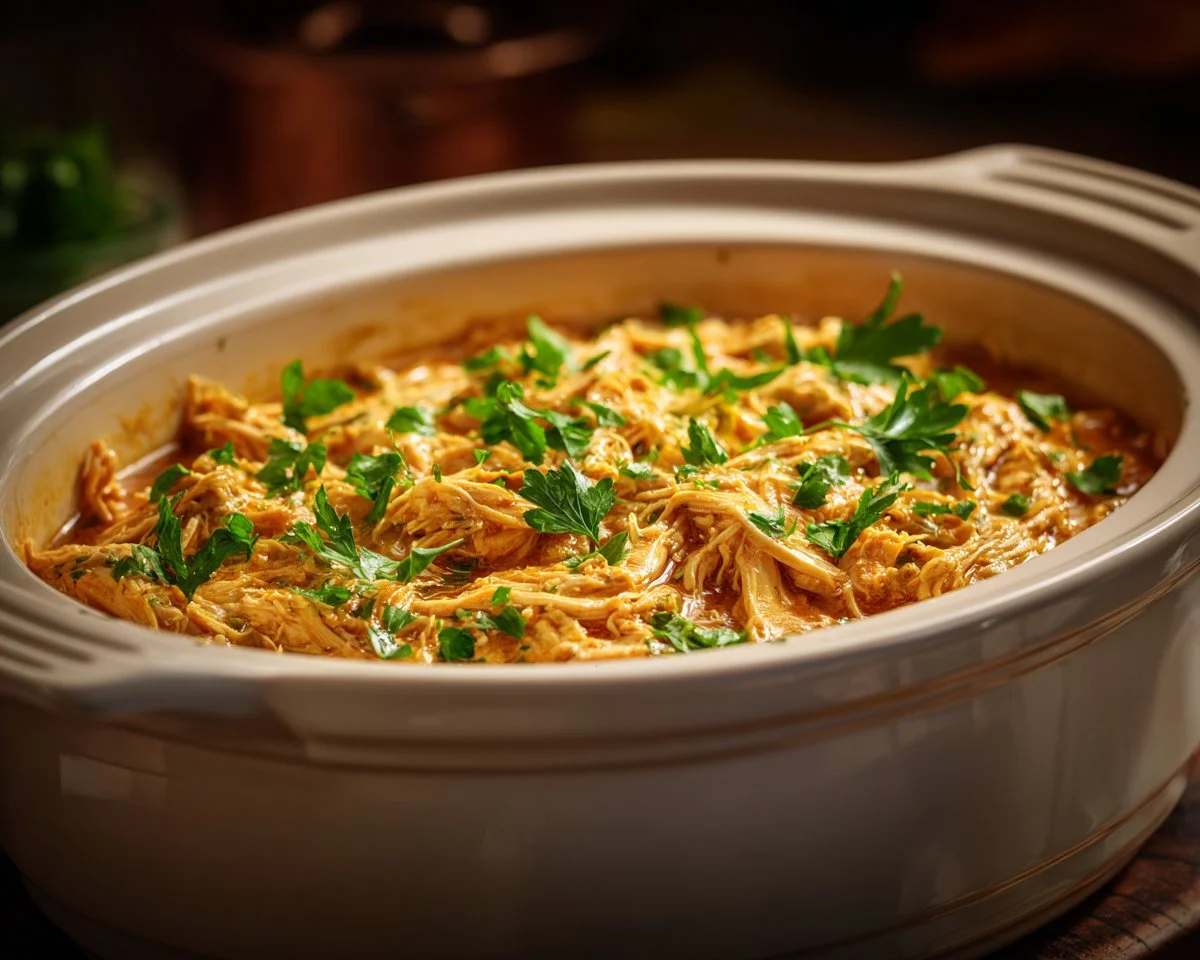 Crockpot Creamy Garlic Chicken served with herbs and a side of vegetables.