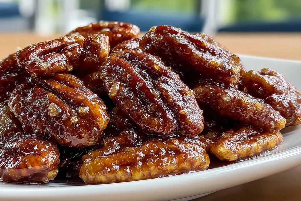 Crockpot Fireball Whisky Candied Pecans in a bowl