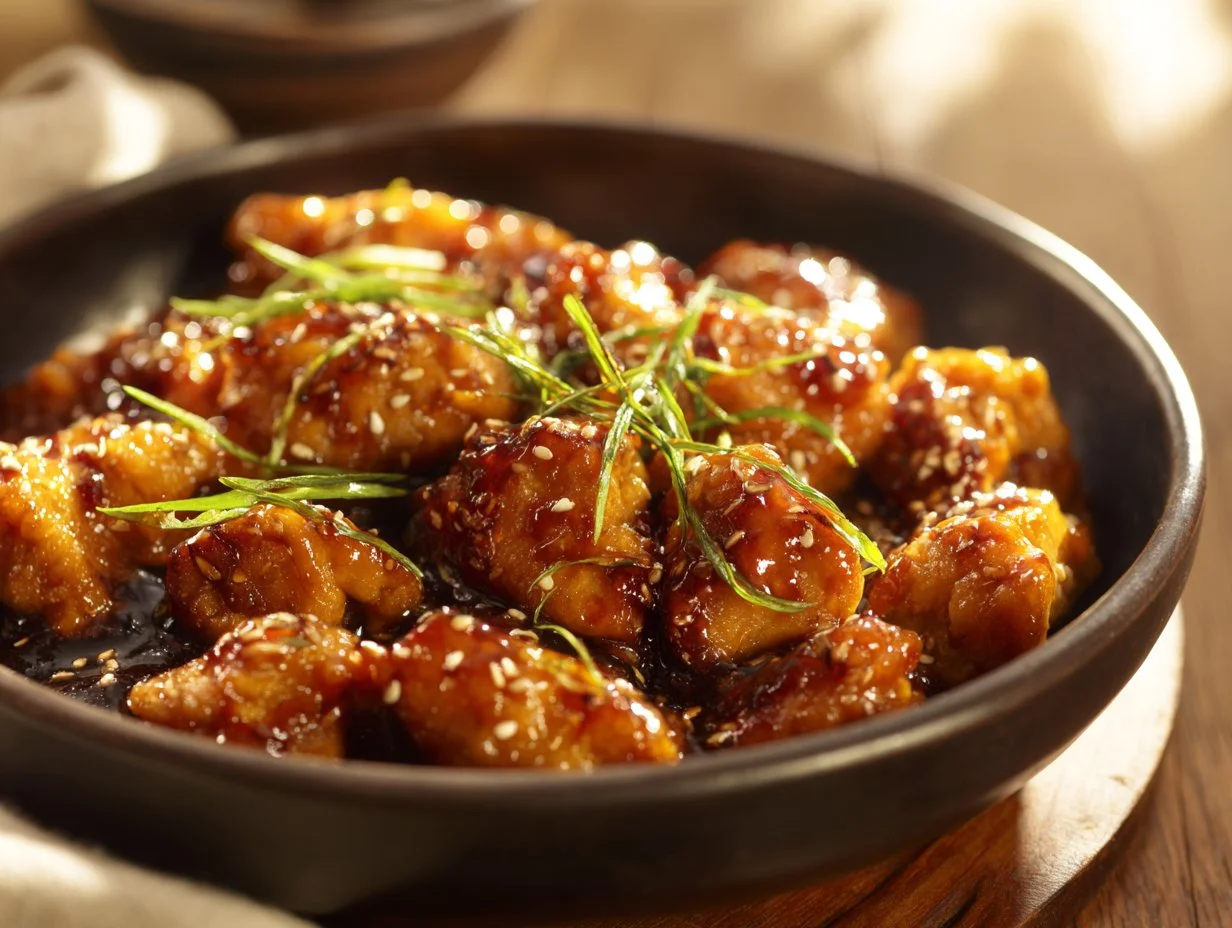 Crockpot Honey Garlic Chicken served in a bowl with fresh herbs