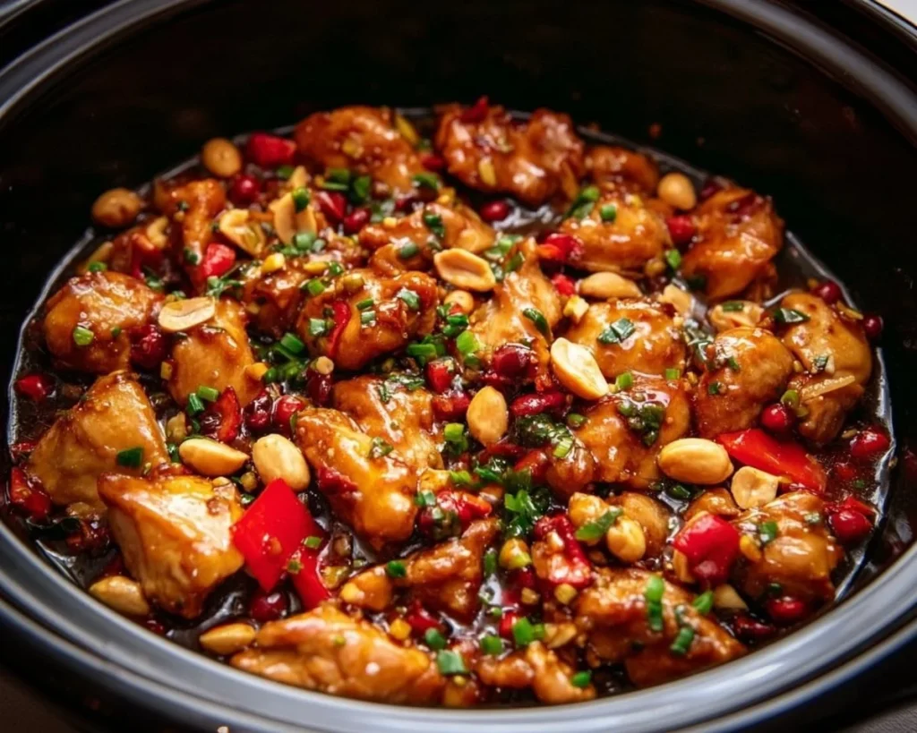 Crockpot Kung Pao Chicken dish served with vegetables and rice