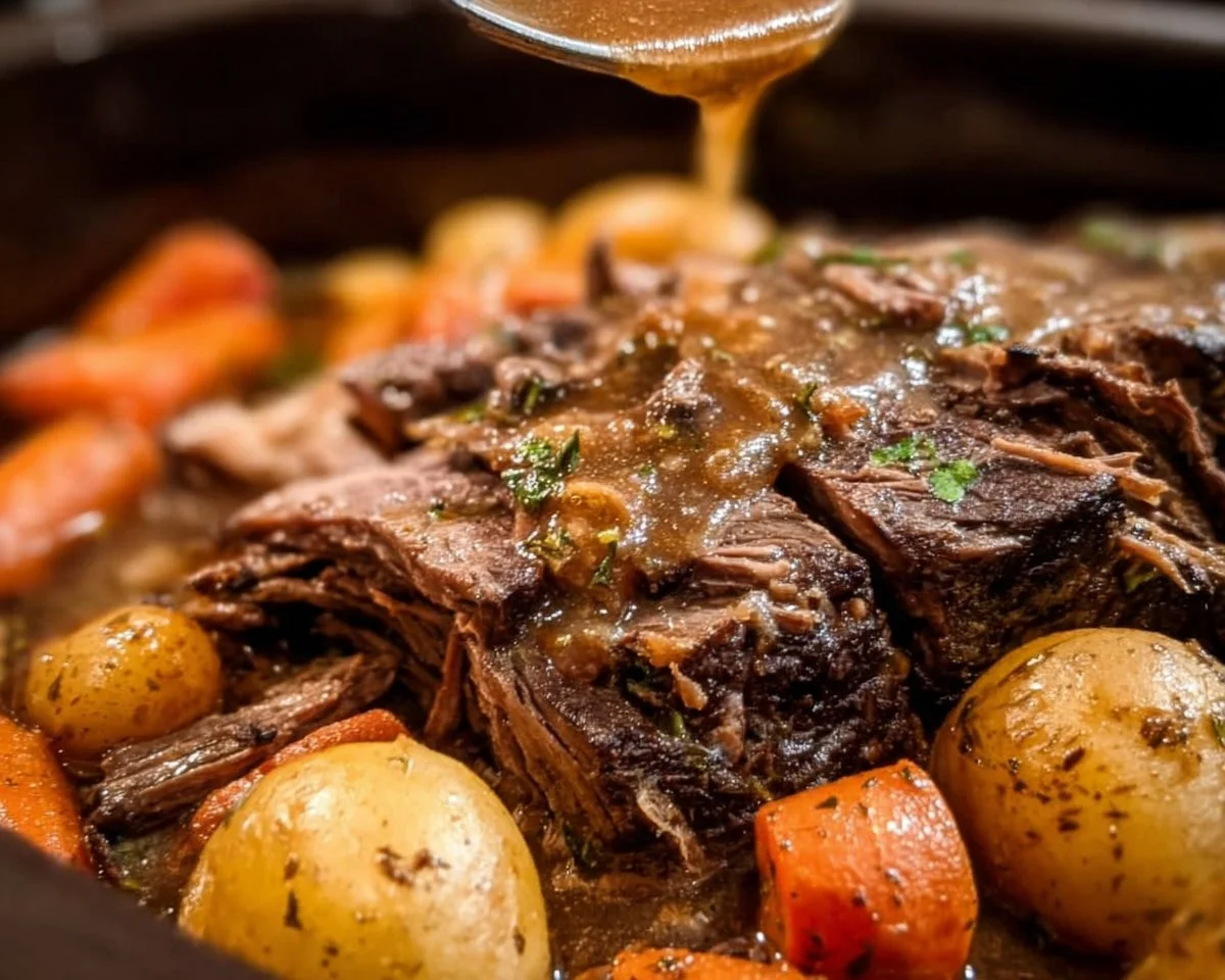 Delicious slow-cooked pot roast with vegetables in a Crockpot