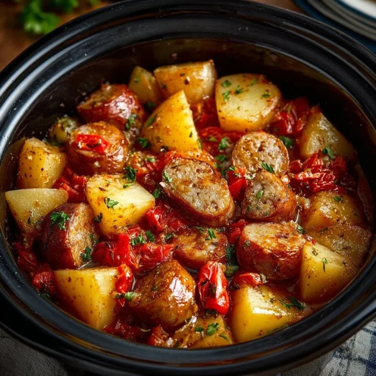 Crockpot Sausage Casserole with vegetables and herbs in a serving dish
