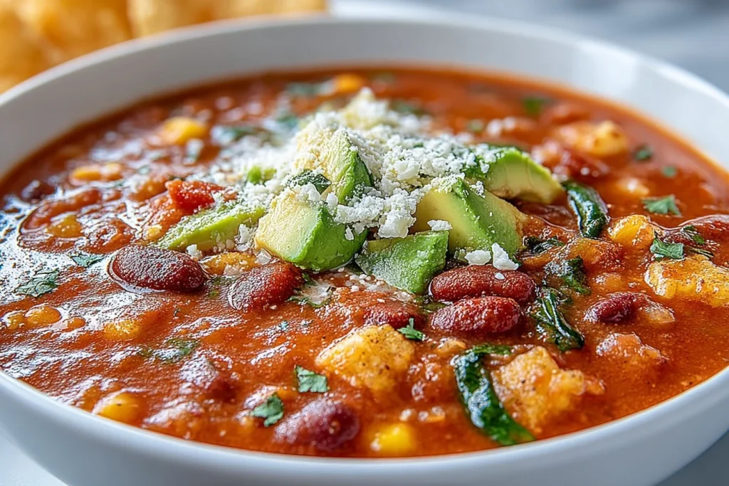 Bowl of Crockpot Vegetarian Tortilla Soup topped with tortilla strips and avocado.