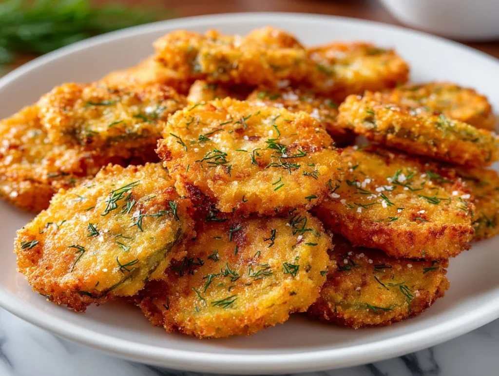 Crunchy dill fried pickle chips served with dipping sauce