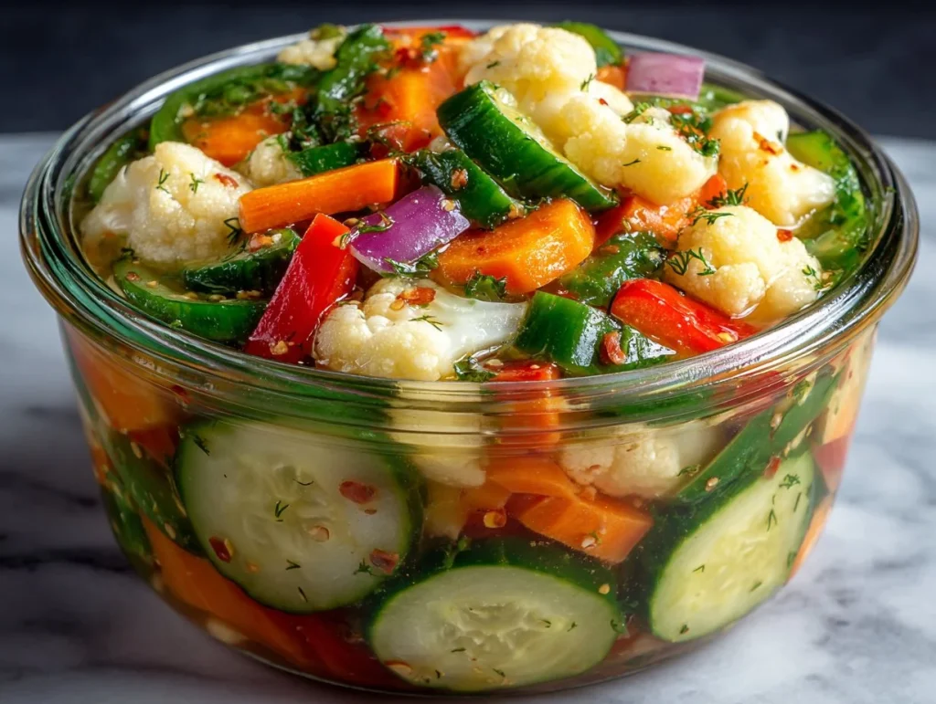 Crunchy Garden Pickle Medley featuring assorted vegetables in vinegar brine