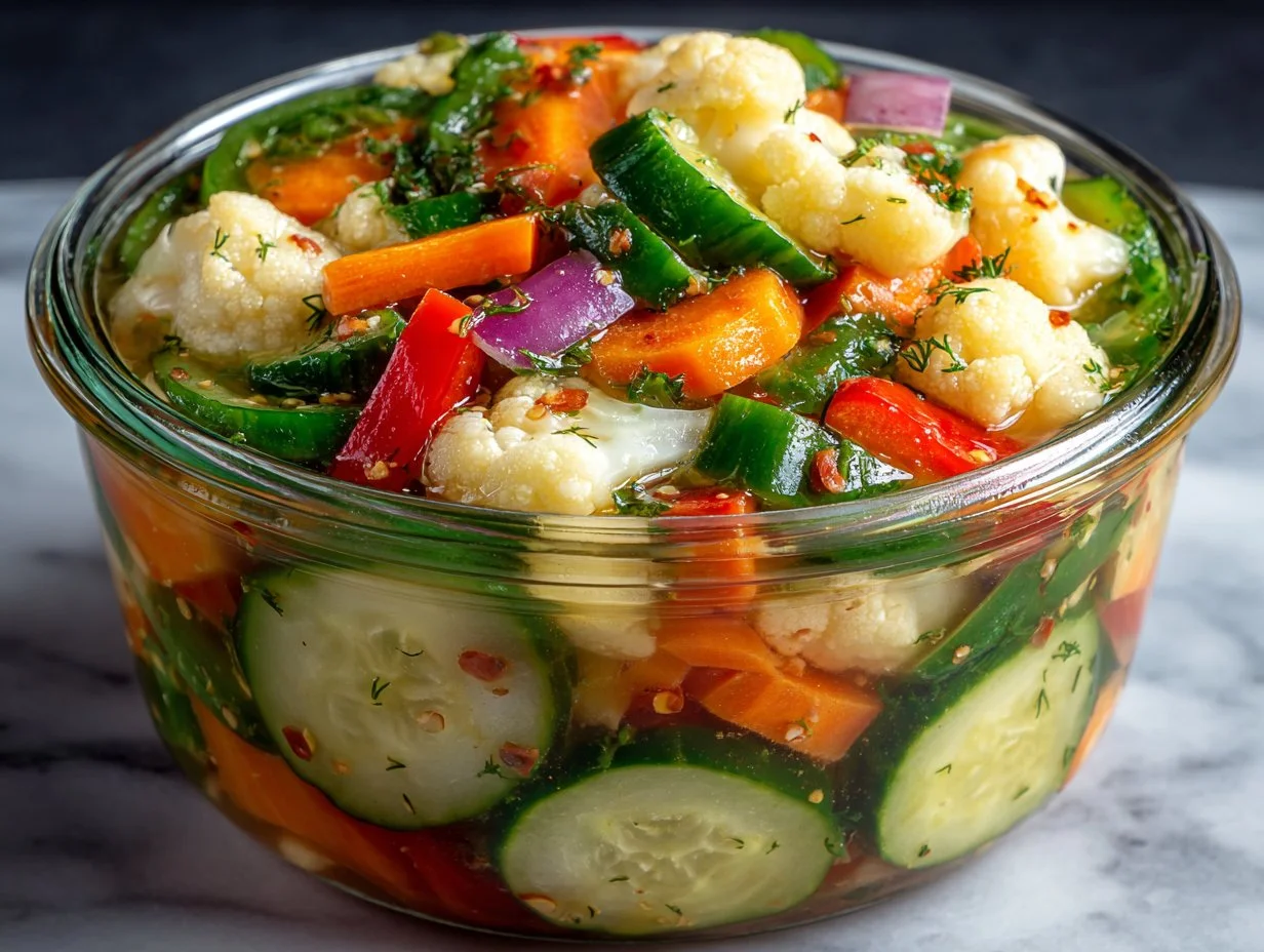 Crunchy Garden Pickle Medley featuring assorted vegetables in vinegar brine