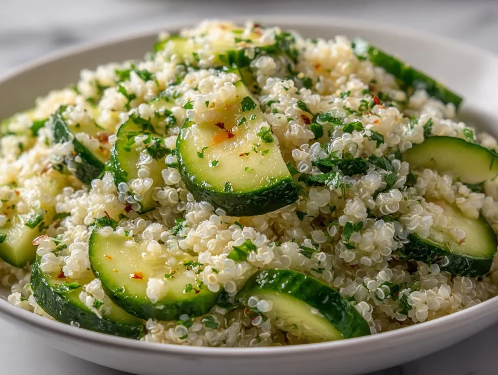 Cucumber Quinoa Salad with vegetables and dressing in a bowl