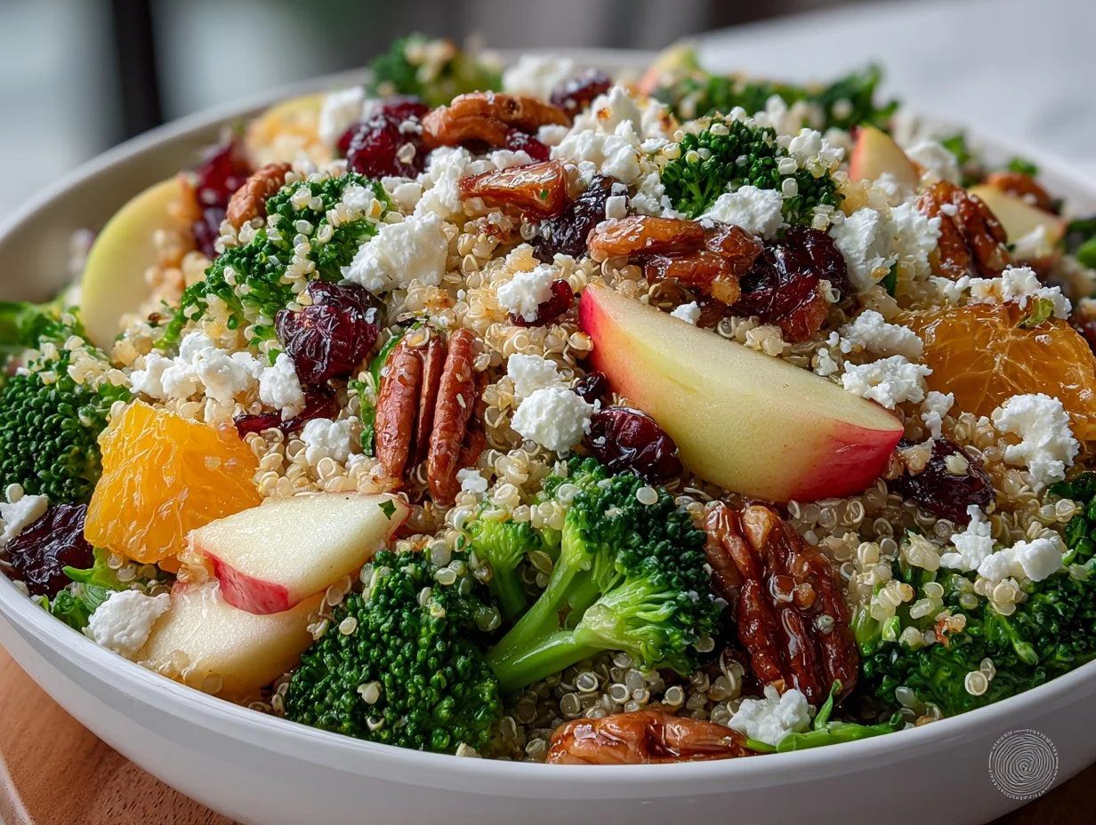 Bowl of colorful broccoli apple quinoa salad with dressing drizzled on top
