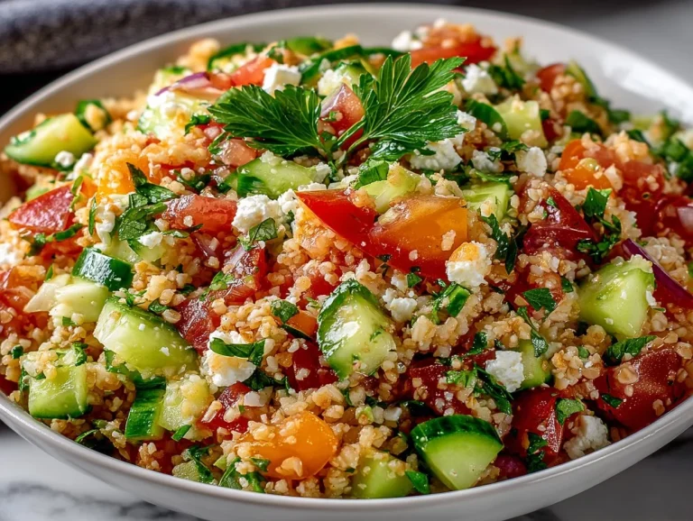 Bulgur tabouli salad with fresh vegetables and herbs in a bowl