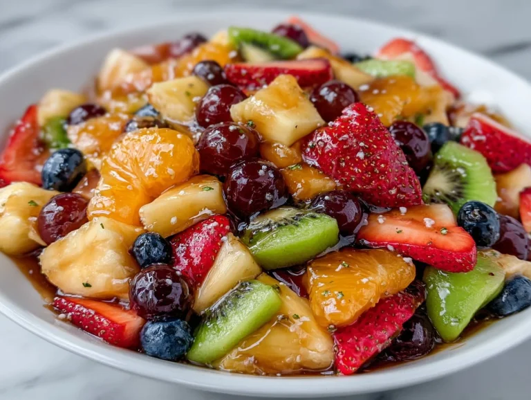 Delicious fruit salad with honey lime dressing over fresh chopped fruits