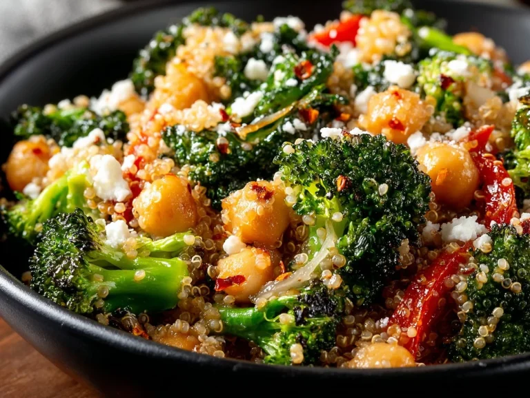 Roasted broccoli quinoa salad in a bowl with colorful vegetables