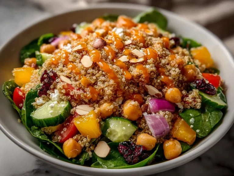 Fresh spinach quinoa salad topped with vegetables for a healthy meal