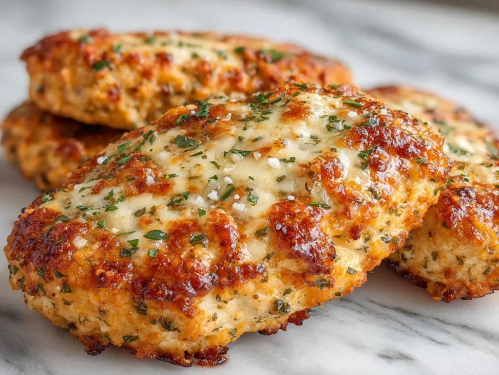 Delicious Dill Pickle Parmesan Chicken on a plate garnished with pickles