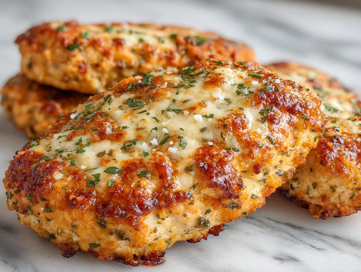 Delicious Dill Pickle Parmesan Chicken on a plate garnished with pickles