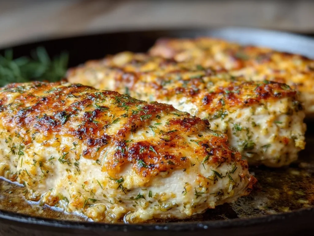 Dill Pickle Parmesan Chicken plated with herbs and spices