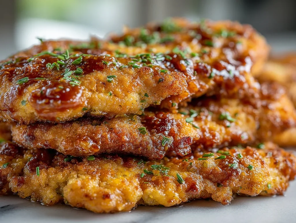 Dill Pickle Parmesan Chicken served on a plate with fresh herbs