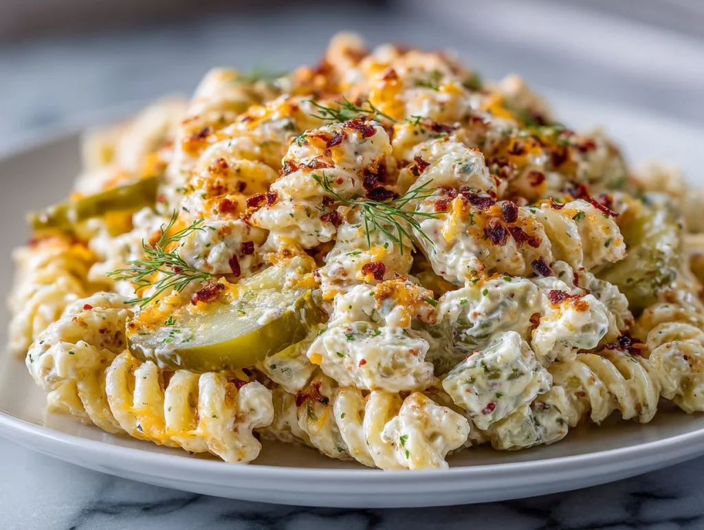 Delicious dill pickle pasta salad with fresh ingredients in a bowl