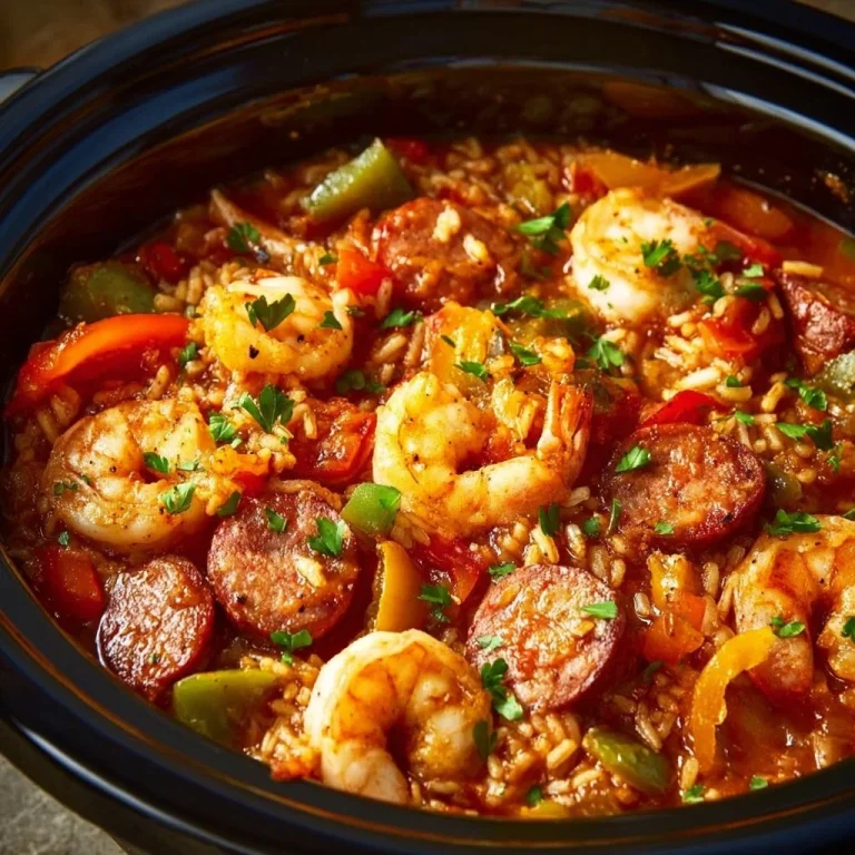 A bowl of flavorful Dump and Go Crockpot Jambalaya with shrimp and sausage