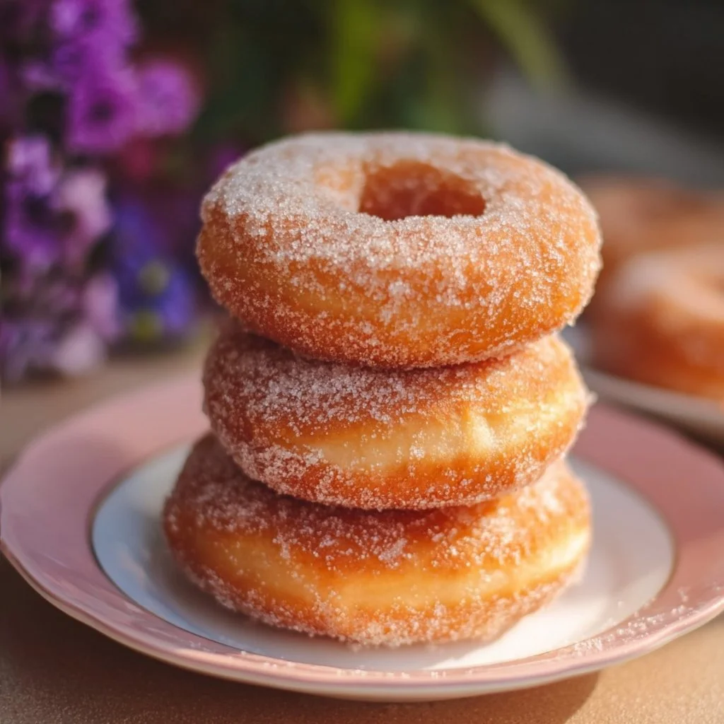 Freshly baked donuts arranged on a plate.