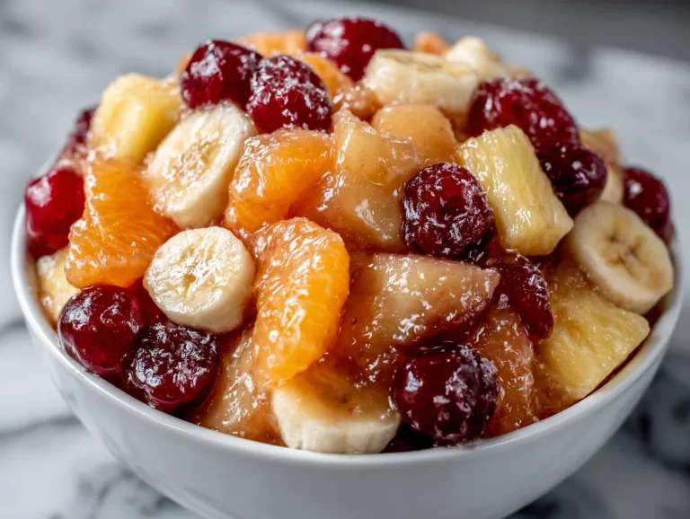 Colorful easy canned fruit salad served in a bowl with a spoon