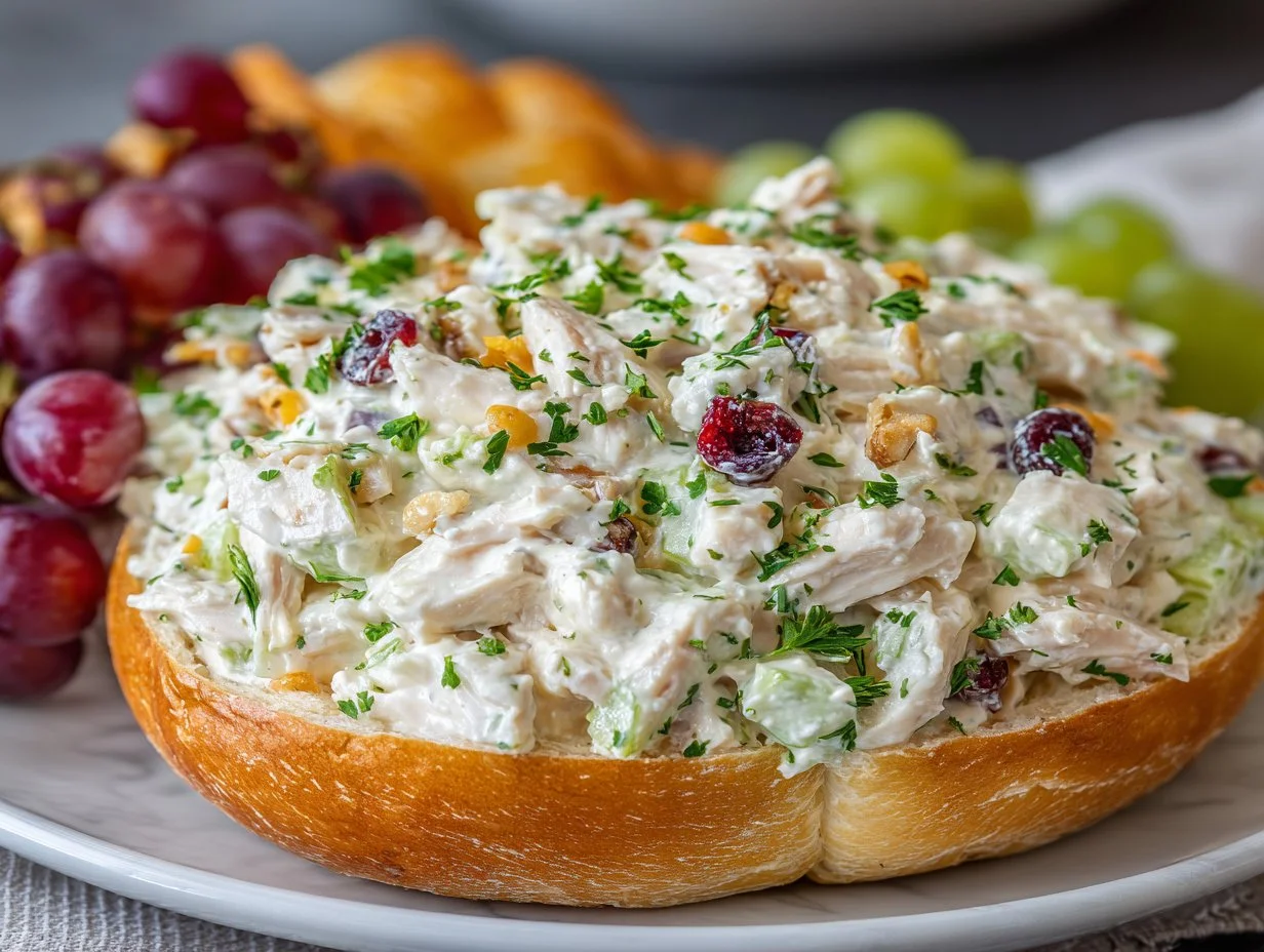 Easy chicken salad with mayo served in a bowl, garnished with herbs.
