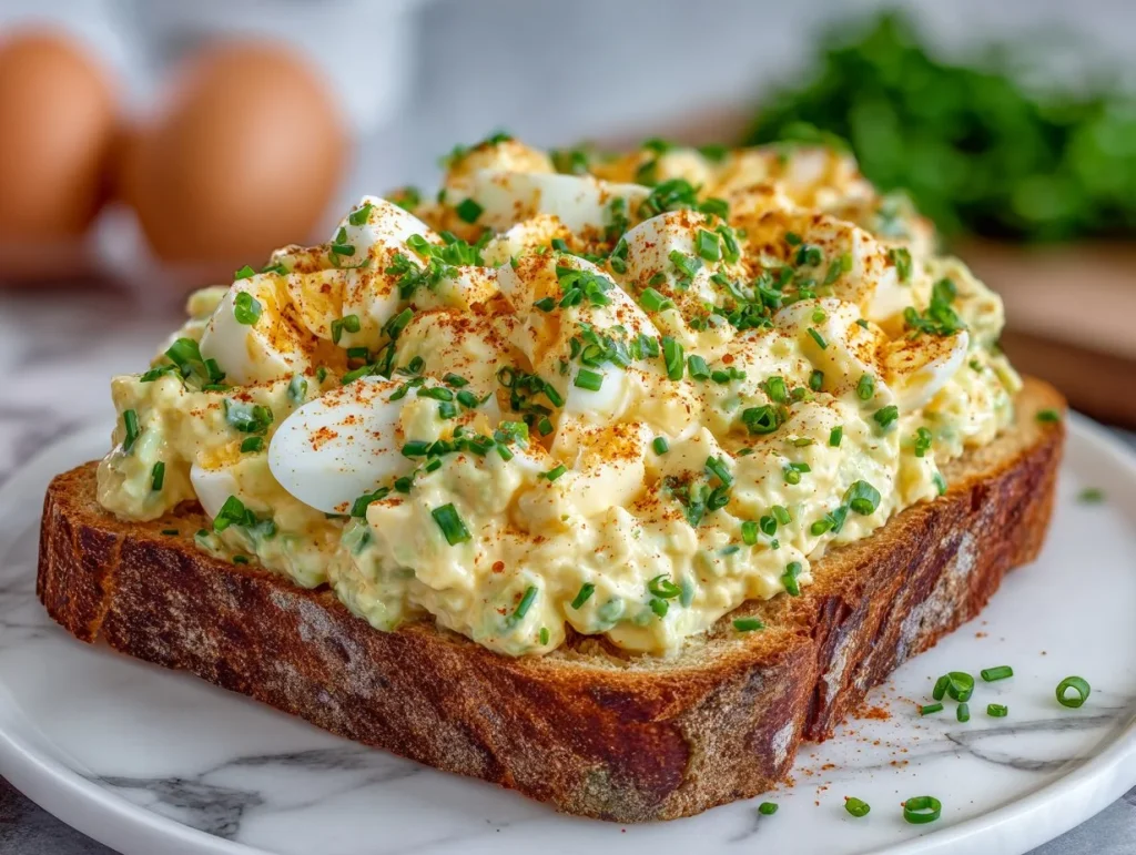 Bowl of easy classic egg salad with fresh herbs and spices