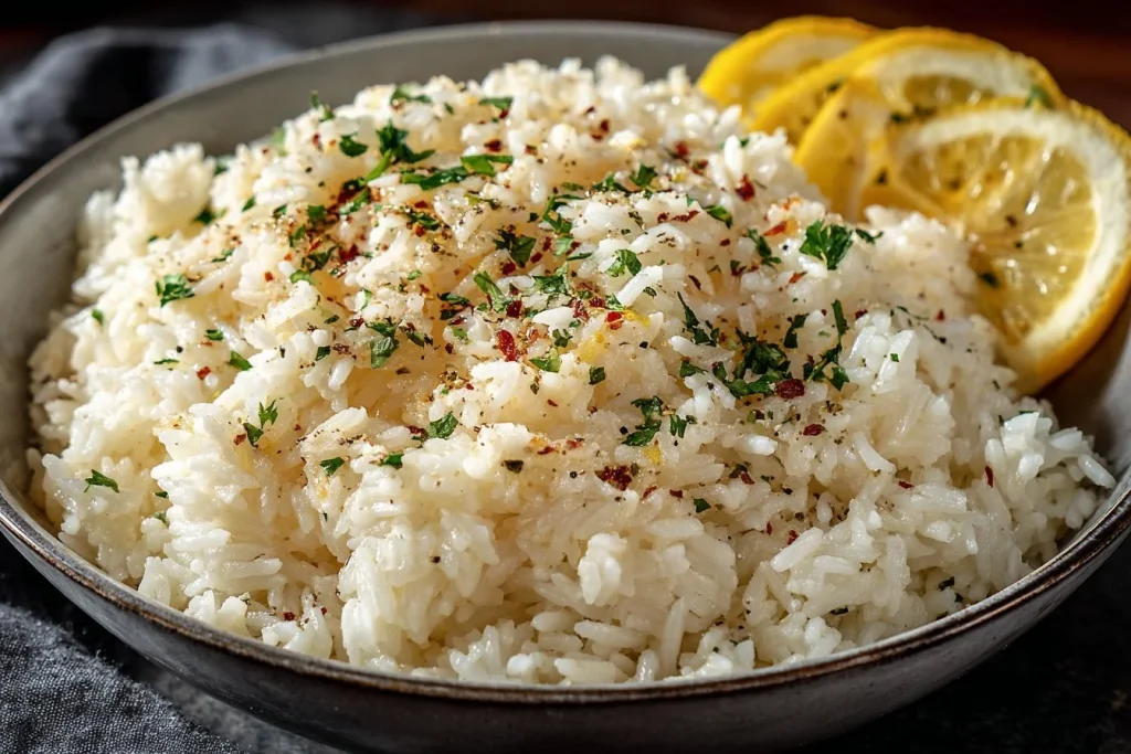 Bowl of easy Greek lemon rice with fresh herbs and lemon slices