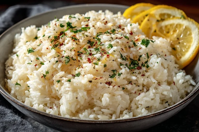 Bowl of easy Greek lemon rice with fresh herbs and lemon slices