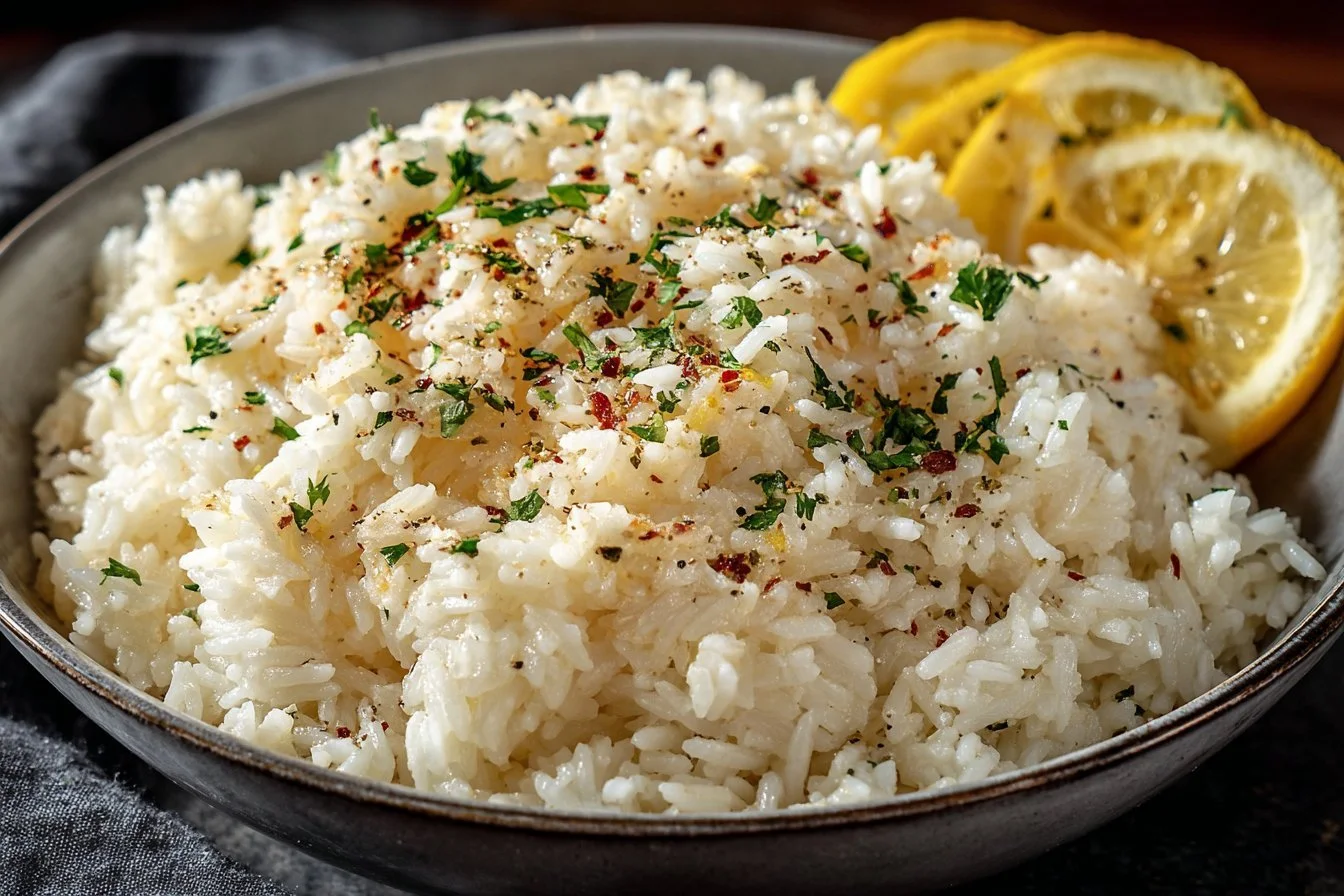 Bowl of easy Greek lemon rice with fresh herbs and lemon slices