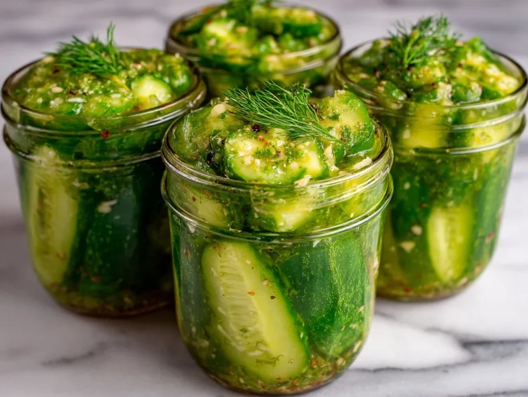 Jars of easy homemade canned dill pickles on a kitchen countertop