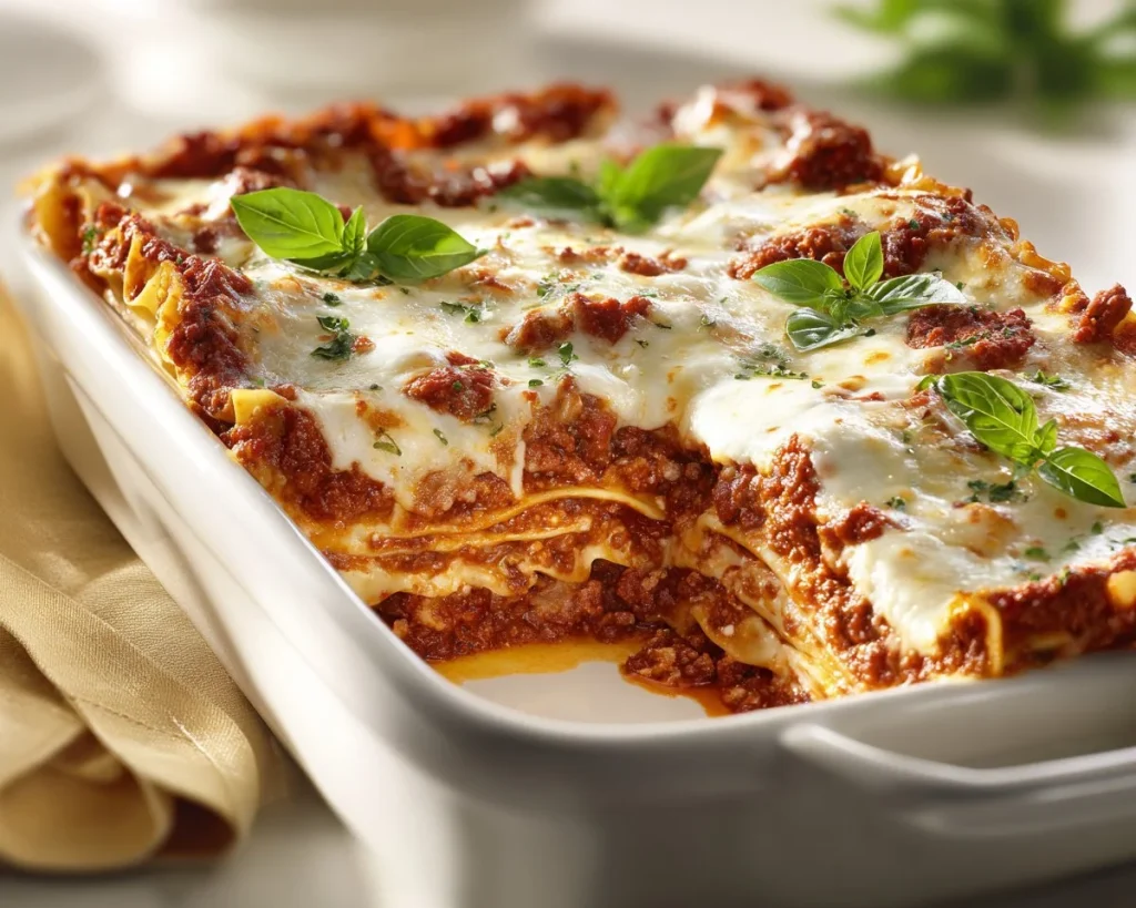Layered homemade lasagna with cheese and sauce on a plate