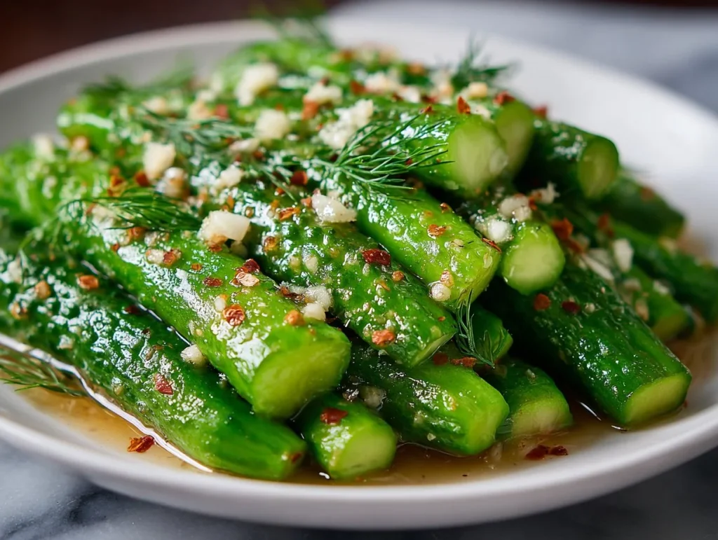 Jar of easy homemade refrigerator dill pickles with fresh dill and spices