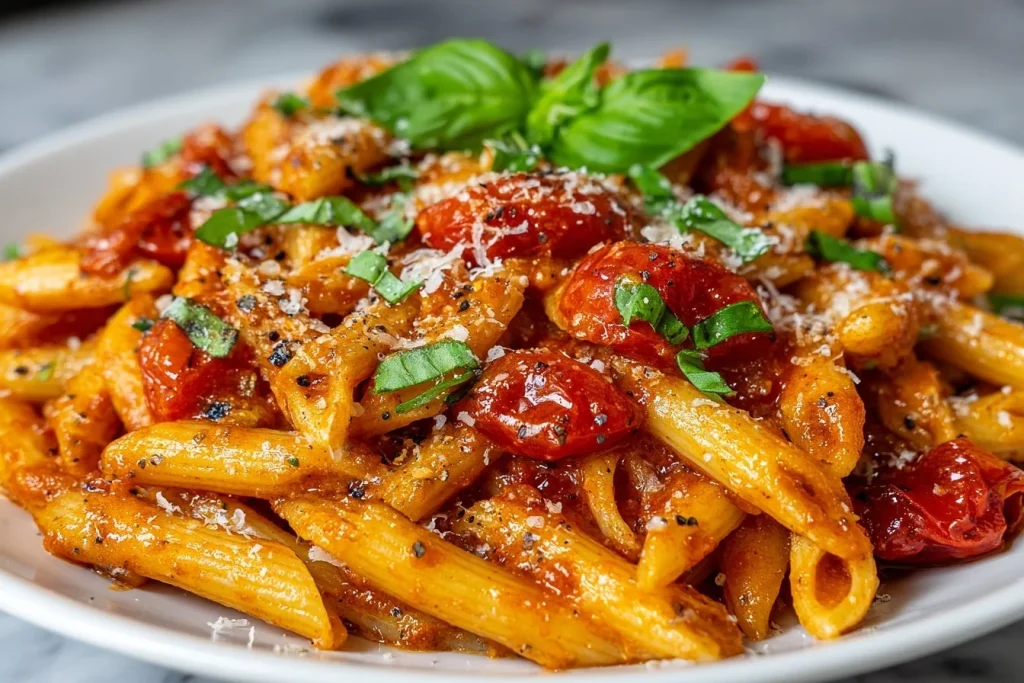 Delicious one pot creamy tomato pasta ready to serve.