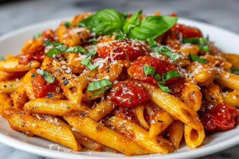Delicious one pot creamy tomato pasta ready to serve.