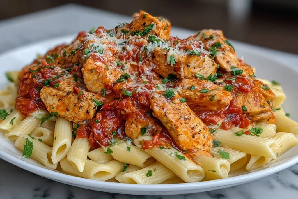 Plate of Easy Parmesan Chicken Pasta with herbs and grated cheese